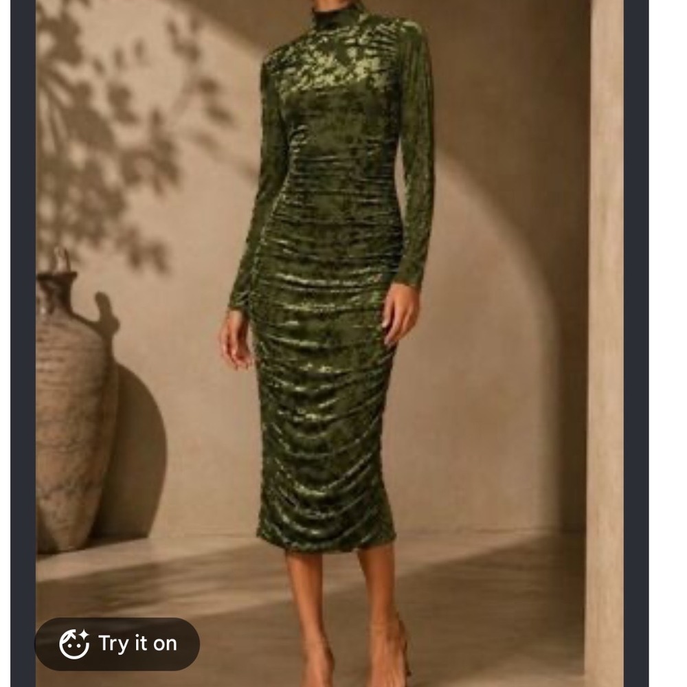 Belle Badgley Mischka Olive Green Burnout Velvet Ruched Mock Neck Midi Dress 14